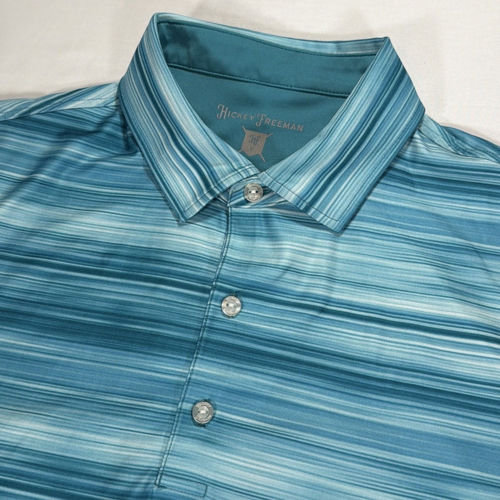 Hickey Freeman Polo Shirt‎ Mens Medium Blue Space Dye Stripe Performance Golf